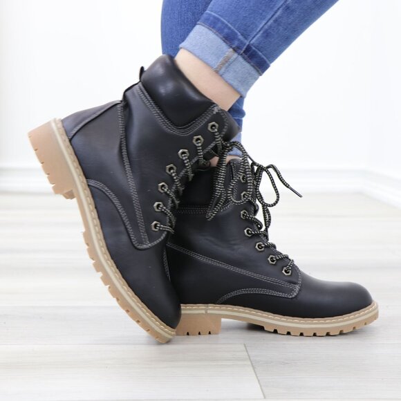 Woman's Faux Leather Lug-Sole Combat Ankle Boots - Picture 5 of 12